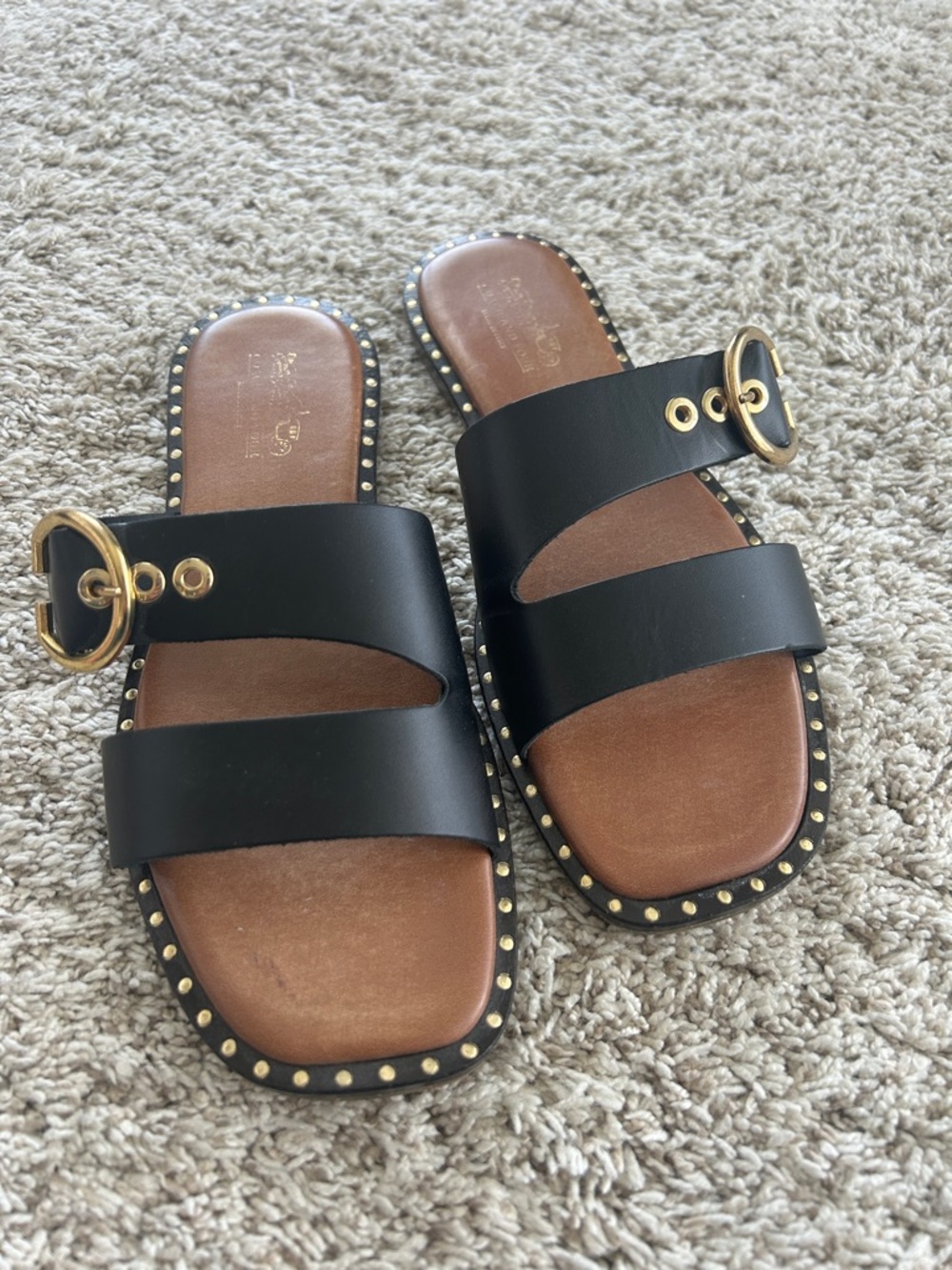 Coach and Four Black Double-Strap Studded Slide Sandals with Gold Buckles